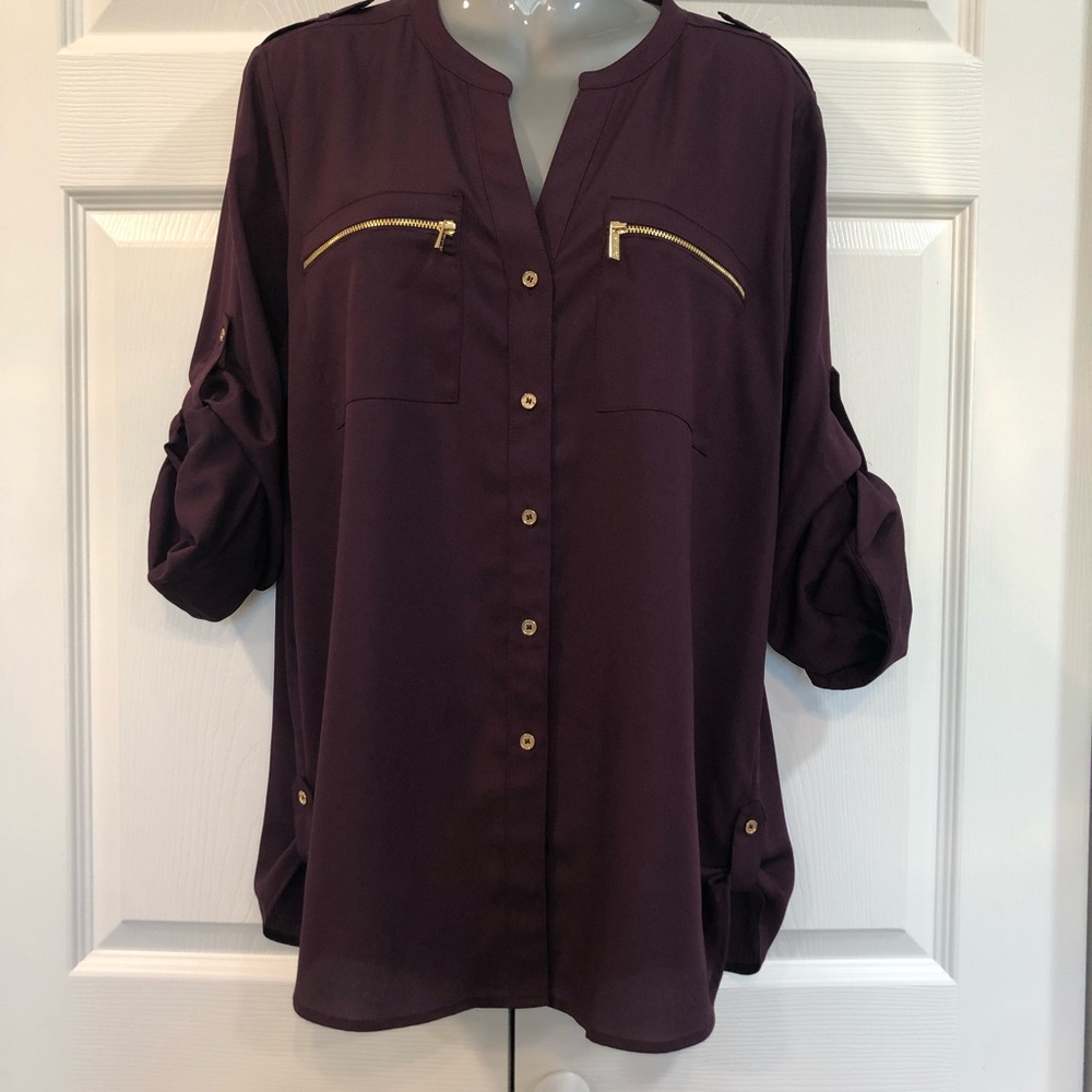 Calvin Klein Eggplant Button Down Blouse with Gold Buttons and Zippers